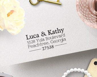 Return Address Stamp - Classic Formal Font Couples or Family Stamp, Handle or Self-Inking, Gift for Couple, Housewarming, Calligraphy Art 46