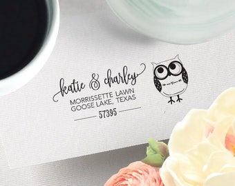 Return Address Stamp - Owl Stamp Swirl Font Couples, Handle or Self-Inking, Gift for Couple, Housewarming Family Stamp Couple Swirly Owls