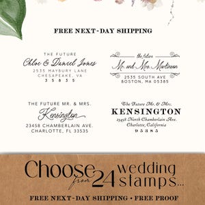 May include: A white card featuring watercolor floral illustrations at the top and four examples of personalized address stamps with names and addresses. Below, a brown paper section displays the text Choose from 24 wedding stamps.