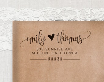 Return Address Stamp with Heart Between Names, Self Inking or Wooden Personalized Custom Stamp, Wedding Save the Date Stamp, Couples Stamp