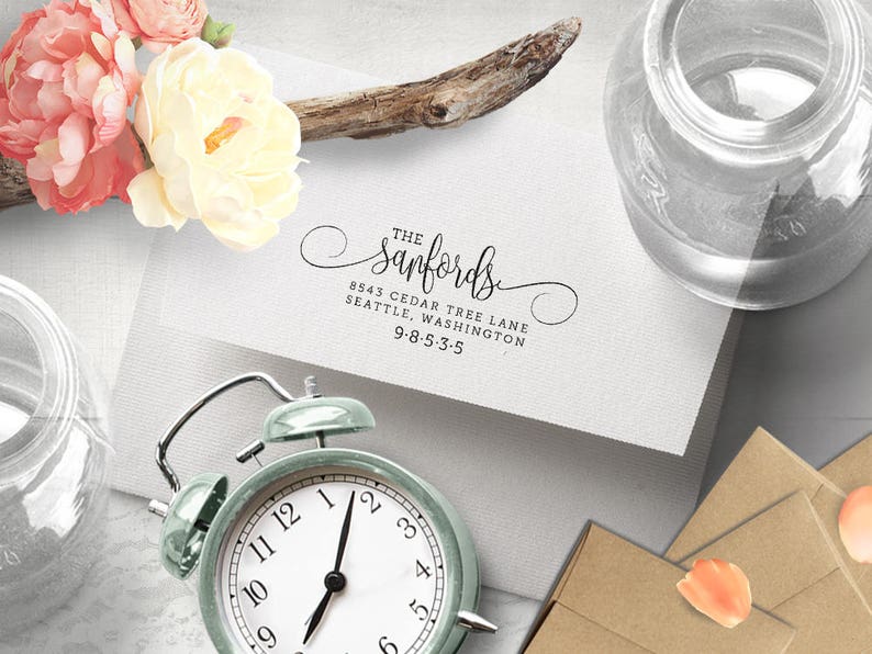 Wedding Invitation Stamp Calligraphy Couples Stamp Wooden Handle or Self-Inking Housewarming Gift Cursive Elegant Return Address Stamp