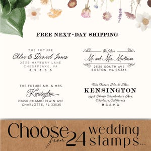 May include: A collection of wedding stamps with various designs and addresses. The image includes text that reads "Choose from 24 wedding stamps." The stamps feature names and addresses, with floral accents.
