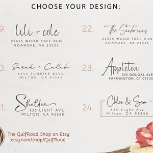 May include: A collection of 10 different return address stamp designs with names and addresses. The designs are in a handwritten style. The stamps are for use on envelopes and packages.