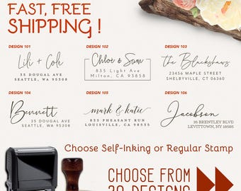 May include: A graphic showing 30 different designs for self-inking or regular return address stamps. The designs feature different fonts, styles, and layouts. The text "Choose from 30 designs" is displayed in red.
