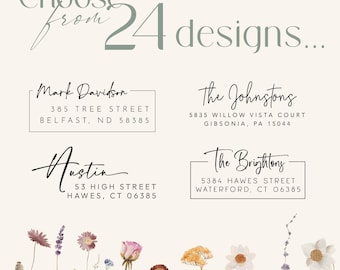 May include: An image showcasing address labels with floral accents. The text reads "Choose from 24 designs..." with examples of address layouts, including names and street addresses. A variety of colorful flowers are at the bottom.