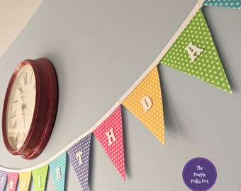 Polka dot multicoloured rainbow happy birthday bunting