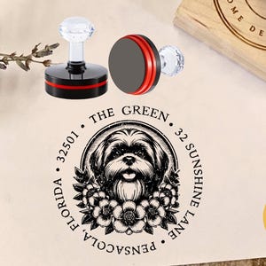 Personalized Custom Shih Tzu Dog Flower Heart Family Name Return Address Pre inked Self Inking Stamp Wedding Teacher Birthday Housewarming