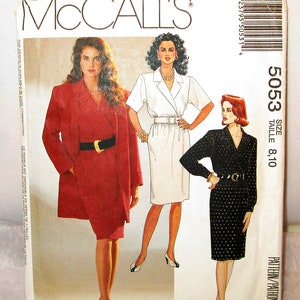 McCALLS 5053 Sewing Pattern Misses Lined Jacket Dress Belt SIZES 8, 10 Straight Fitting V Neck Pockets Fold Back Cuffs Crossed Bodice Gift