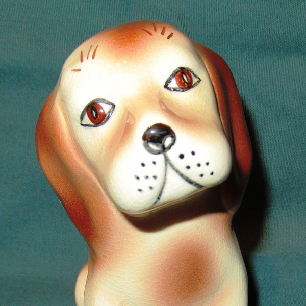 Vintage Seated Puppy Spaniel Hound Dog Pottery Cream and Brown Spots Spotted Ceramic Figurine Springer Hand Painted Signed by Artist K Gift