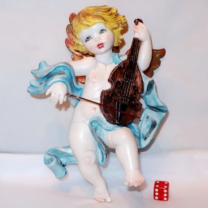 ITALIAN CHERUB 12in Wall Decor Playing Violin Angel Made in Italy Gold Wings Blue Ribbon Drape Nursery Hanging Religious Baby Collector Gift