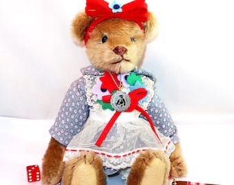 1986 MOLLY MELINDA BEARKIN Beverly Port for Gorham Plush Stuffed 11in Jointed Musical Music Box Time Machine Teddy Jump Rope Bear Love Gift