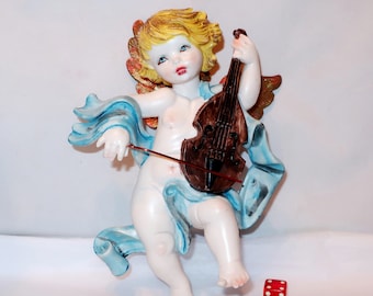 ヴァイオリンを弾く天使の木製像 装飾品 神聖な宗教的彫像 彫刻、教会