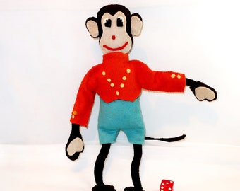 VINTAGE FELT MONKEY Bellhop Bellboy Doll Toy Hand Crafted Sewn Orange Jacket Yellow Buttons Brown Monkey Poseable Wired Collector Lover Gift