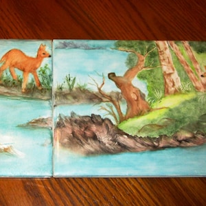 KUNST WALL FLIESEN 2 Hirsch in einem Stream Handgemalte Große 8 x 6 Zoll Keramik Kunst Fliesen Künstler Carol Brook Woods Whitetail River Handsigniertes Geschenk