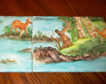 ART WALL TILES 2 Deer in a Stream Hand Painted Large 8 x 6 inch Ceramic Art Tiles Artist Carol Brook Woods Whitetail River Hand Signed Gift