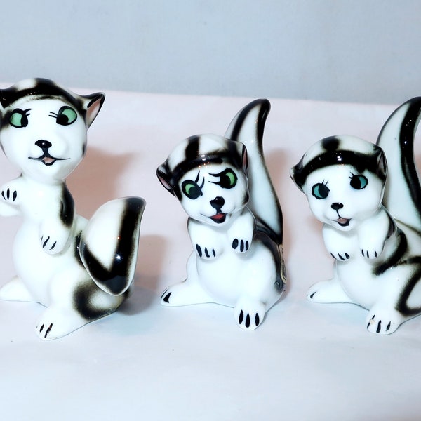 3 SPOTTED SKUNK FAMILY By Delta Bone China Set Vintage Ceramic Figurines Miniature Black Stripe Dad Mom Baby Kit Japan Lover Collector Gift