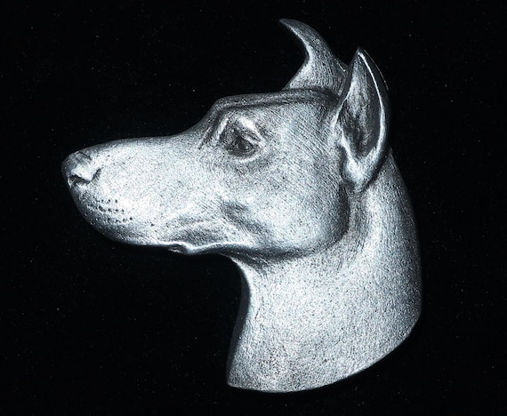 Doberman Dog Brooch or Pin Fashion Jewellery Silver Plated Stud Back with Tail