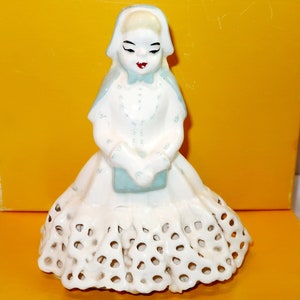 BEULAH CLAIRE BELL Victorian Girl Figurine Vintage Hand Crafted California Pottery Ivory White Blue Blond Artist Signed Ceramic Lover Gift