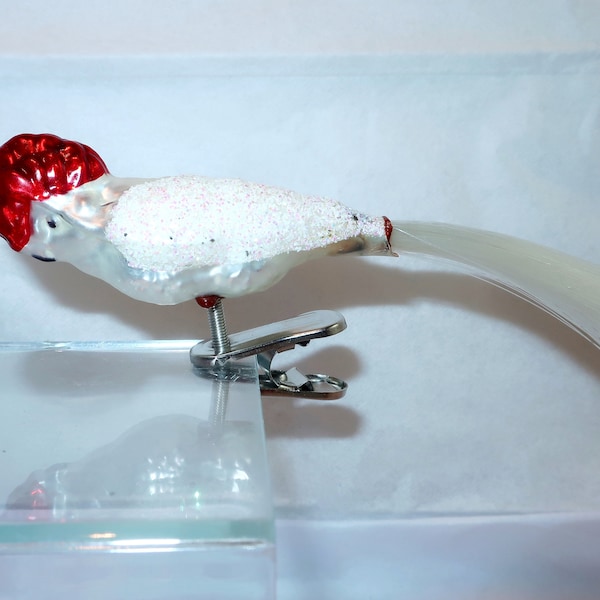 MERCURY GLASS COCKATOO Parrot Bird Clip On Christmas Ornament Vintage Spun Glass Tail Red Crest White Glitter Germany Collector Love Gift