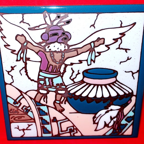 Ceramic Tile Trivet Eagle Dancer Earthtones CICI 6x6 NATIVE AMERICAN Kachina Southwest Hand Crafted U.S.A White Coaster Wall Decor 1990 Gift