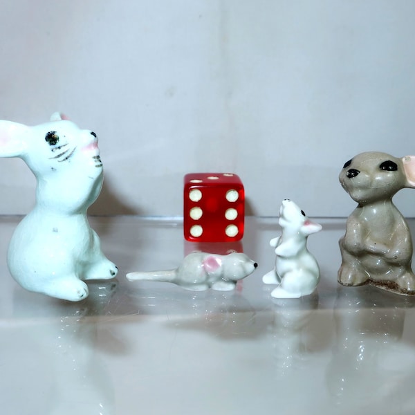 4 MINIATURE MOUSE MICE Bone China Figurines Vintage Ceramic Hand Painted Hagen Renaker Pink Ears Mini Micro Gray Mouse Family Lover Gift