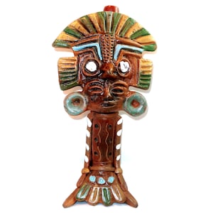 AZTEC MAYAN FiGURAL Flute Vintage Mexican Hand Sculpted Folk Art Pottery Figurine Musical Instrument Red Clay Decor Mexico Lover Gift