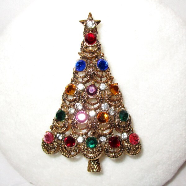 Vintage Christmas Tree Brooch Pin PAKULA Gold Metal with Multi-Color Rhinestones and Star on Top Pine Fir Garland Openwork Cut Work Dazzling