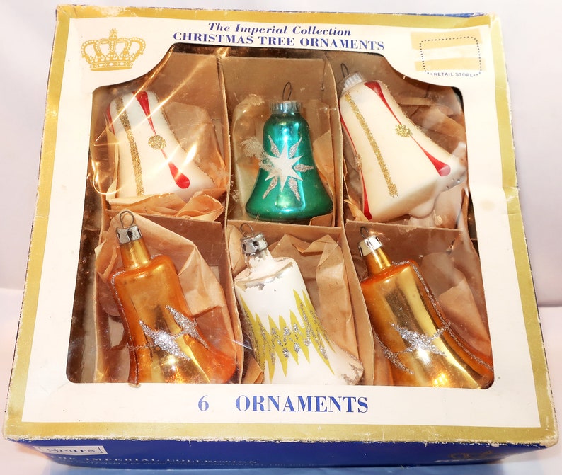 6 BLOWN GLASS BELL Christmas Vintage Ornament Set White Frit Mica Gold Blue Red Ww2 Era Plastic Cap Austria Poland Collector Bauble Gift