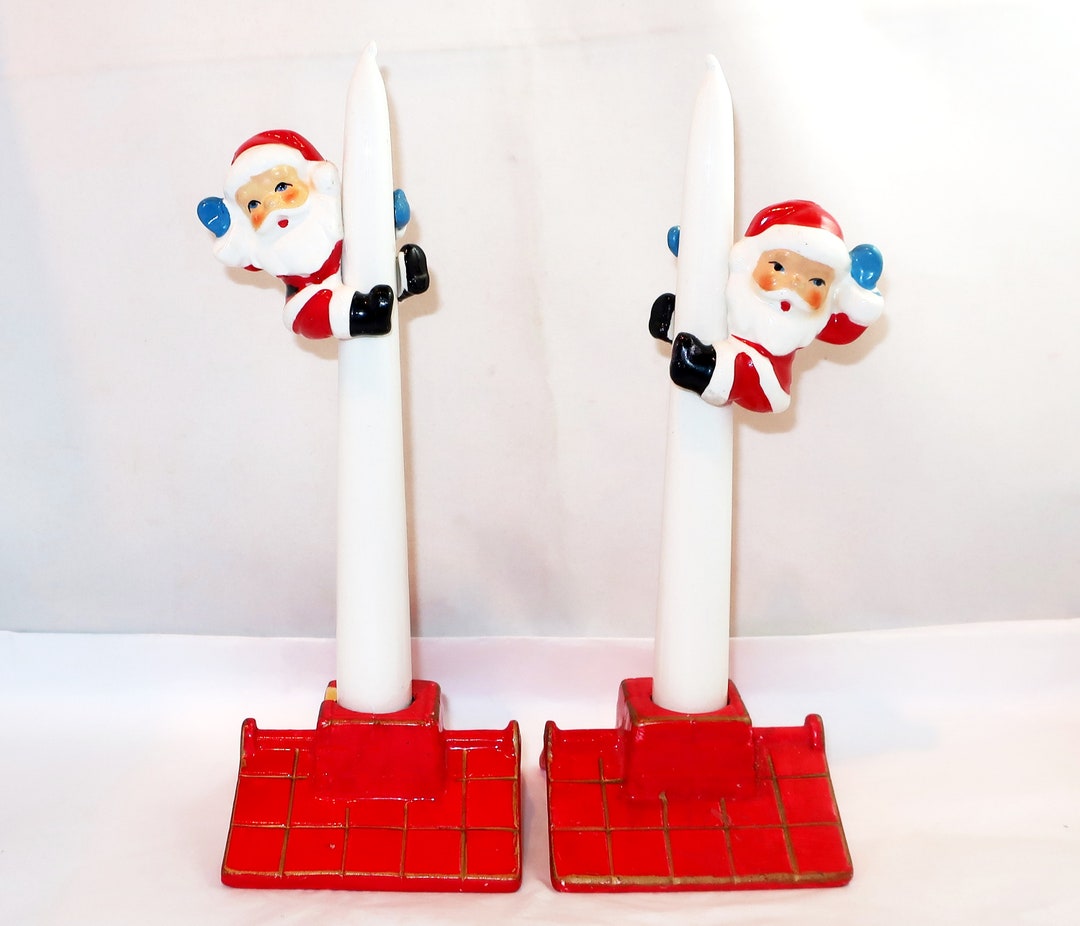 6 Pc SANTA ROOFTOP CANDLE Climber Hugger Set by Tilso Vintage Christmas Ceramic Taper Candle