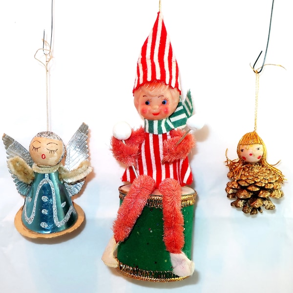 3 VINTAGE JAPAN ELF and Angel Ornaments McM Made Japan 1 Pinecone Angel 1 Mini Cone Angel 1 Pixie Elf Sitting on Drum Lover Collector Gift