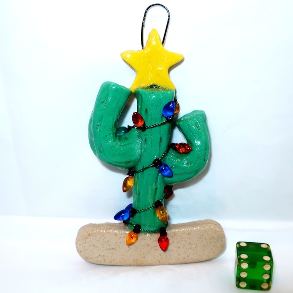 SAGUARO CACTUS ORNAMENT Hand Crafted Salt Dough Christmas Tree Lights Star Top Miniature Southwest Desert Az Christmas Lover Collector Gift