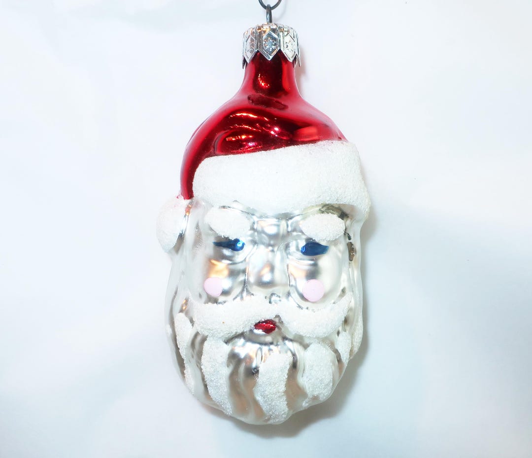 SANTA CLAUS HEAD Hand Painted Blown Glass Christmas Ornament Blue Eyes ...