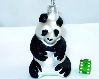 PANDA BEAR Sitting ORNAMENT Blown Glass Vintage Christmas Hand Painted Figural Black Mica Glitter Detailing Silver Lover Tree Bauble Gift