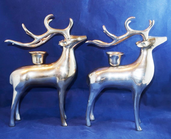 Reindeer Taper Candle Holders Pair By Pottery Barn 2 Vintage Etsy