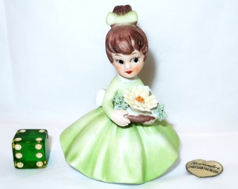 NOVEMBER BIRTHDAY GIRL By Napcoware Monthly Flower Holding Yellow Chrysanthemum Bisque Ceramic Figurine Label 1950s Japan Collect Lover Gift
