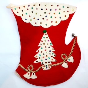 JEWELED BEADED SEQUIN Stocking Elf Boot Christmas Tree Applique Felt Vintage Jingle Bell on Toe Unique Hand Crafted Collector Lover Gift