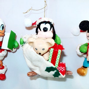3 DISNEY KURT ADLER Vintage Paper Mache&#39; Licensed Christmas Ornaments Set Santa Claus Mickey Mouse, Goofy, Donald Duck Lover Collector Gift