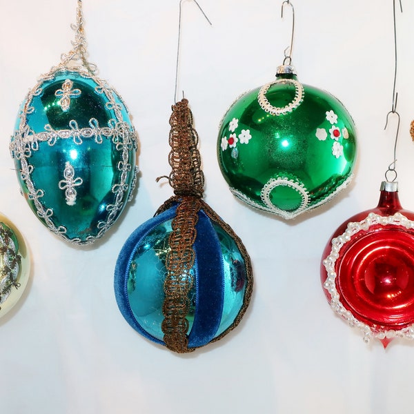 Lot de 6 décorations de Noël vintage fabriquées à la main en verre soufflé, ruban de velours, bordure en dentelle, paillettes, cadeau pour amoureux