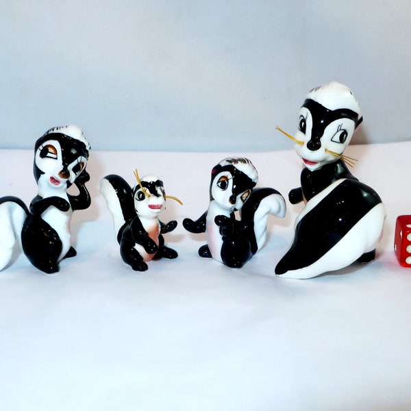 4 CERAMIC SKUNK FAMILY Glossy Bone China Set Vintage Ceramic Figurines Miniature Dad Mom 2 Baby Kit Whiskers Japan Lover Collector Gift