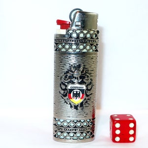 CIGARETTE LIGHTER CASE Disposable Sleeve Germany Crest Tourist Souvenir German Made Ges Gesch Silver Tone Metal Vintage Lover Collector Gift