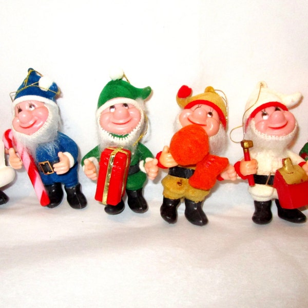 6 Vintage Santa & Colorful Elf Bearded Elves Flocked CHRISTMAS Ornaments Plastic Blown Mold Set Hong Kong Red Green Orange Blue Dwarf Gift