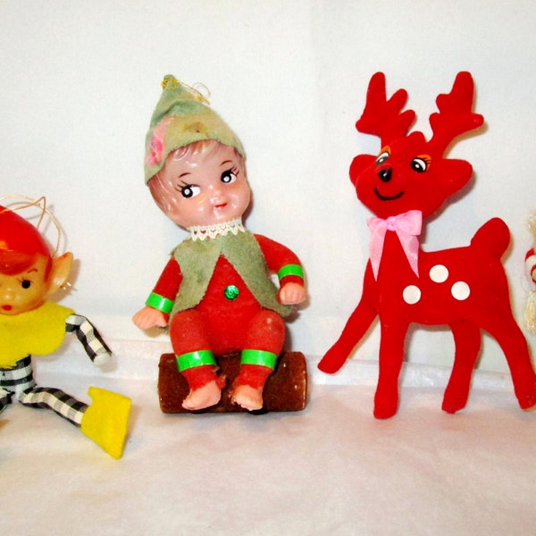 4 Vintage CHRISTMAS ORNAMENTS Red Flocked Spotted DEER, Felt Flocked Elf on Log, Yellow, Wood Bead Small Santa Claus Plastic Blown Mold Lot