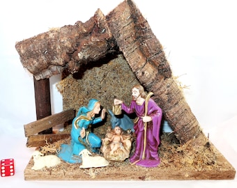 VINTAGE GERMAN NATIVITY Set Glued in Wood Stable Holy Family Original Box Plastic Bark Moss Creche Holy Family Figurine Collector Lover Gift