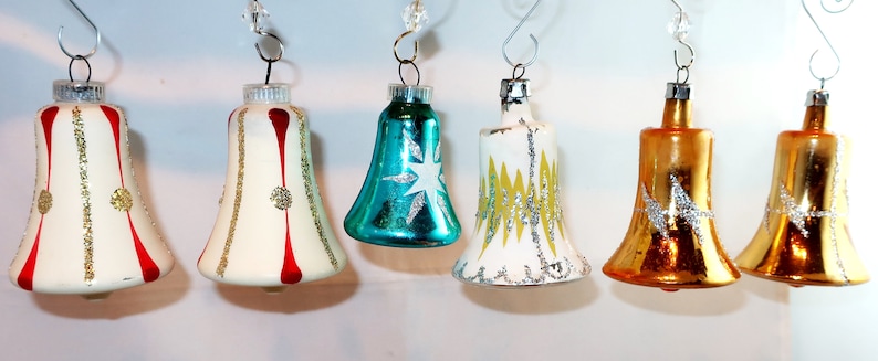6 BLOWN GLASS BELL Christmas Vintage Ornament Set White Frit Mica Gold Blue Red Ww2 Era Plastic Cap Austria Poland Collector Bauble Gift