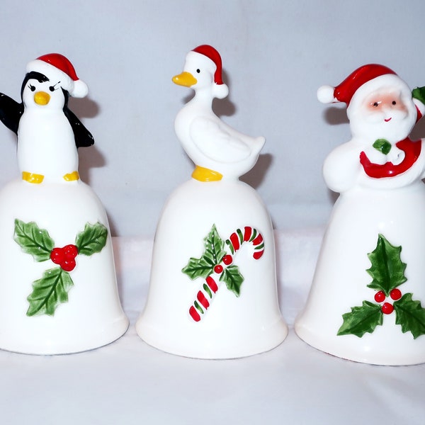 3 CHRISTMAS BELLS SET 4.5in Santa Claus, Goose & Penguin Handles Holly Vintage White Bone China Japan Home Decor Collectible Collector Gift