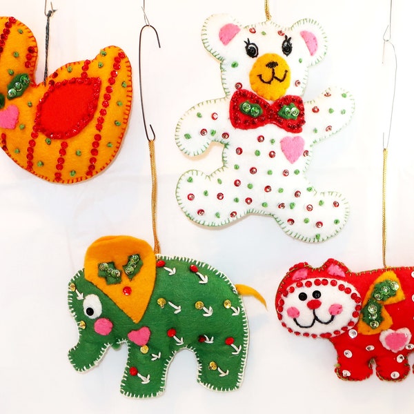 4 BEADED SEQUiN FELT Jeweled Applique Stuffed Animal Ornaments Duck Elephant Cat Bear Set Hand Crafted Embroidery Hearts Vintage Decor Gift