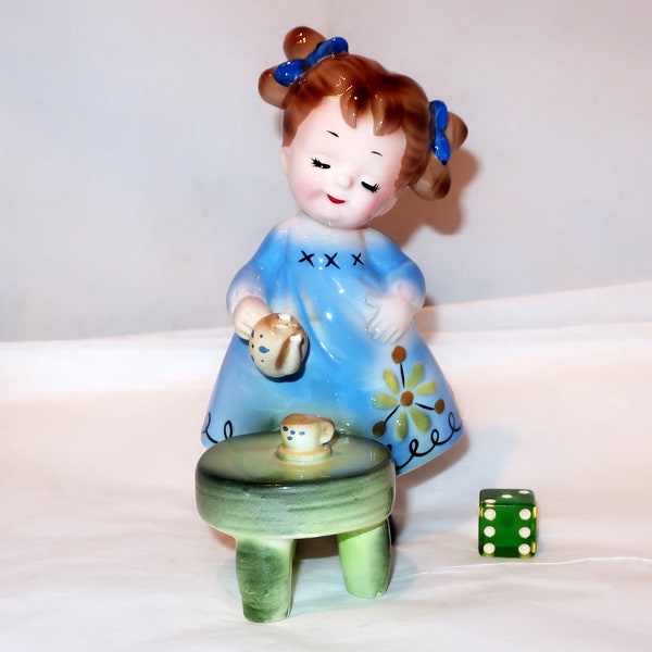 JOSEF GIRL HAPPINESS Is A Tea Party Originals Vintage Ceramic Porcelain Figurine Yellow Flowers Blue Dress Pouring Tea Lover Collector Gift