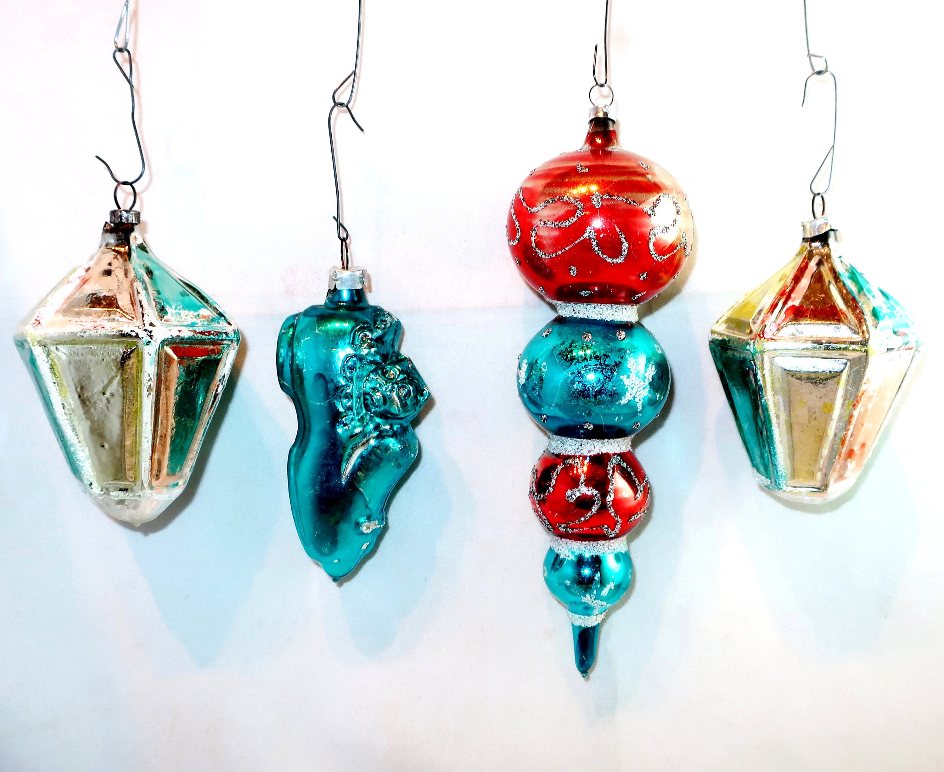 4 FIGURAL W. GERMAN Ornaments Vintage Blown Glass 2 Colorful