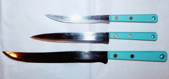 3 EKCO ETERNA KNIFE Set Aqua 8, 9, 12 Long Blue Turquoise Handles Kitchen  Stainless Steel Vintage Knives Lover 