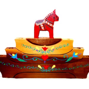 6 CANDLEHoLDER RED DALA HORSE Folding 5 Level Centerpiece Swedish Dalecarlian Wood Folk Art Sweden Hand Carved Painted Lover Collector Gift